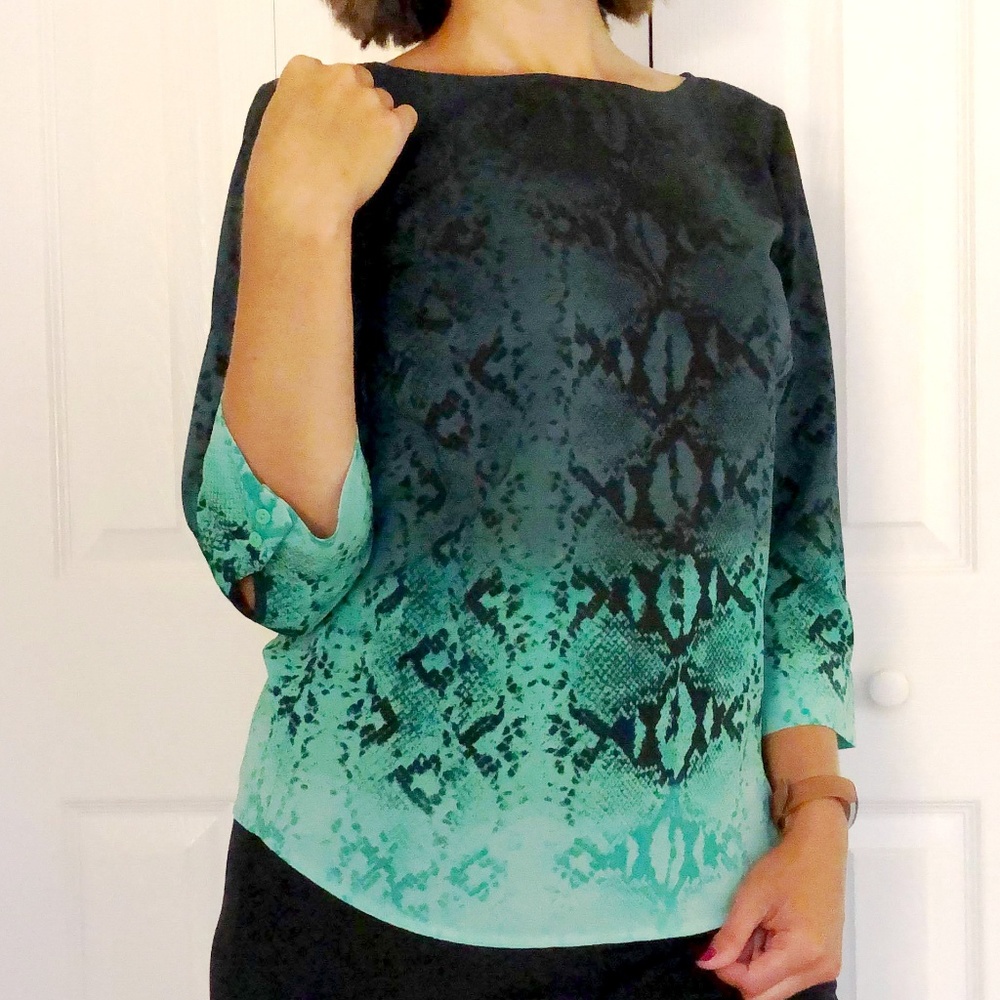 The Limited Ombré Reptile Animal Print Top Quarter Sleeve Teal Green Blouse